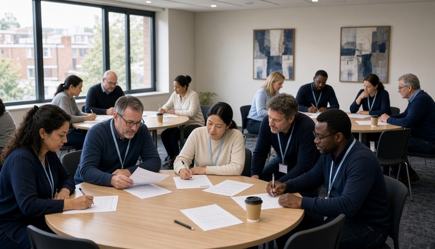 Doctors working in small groups at a longevity medicine CPD workshop