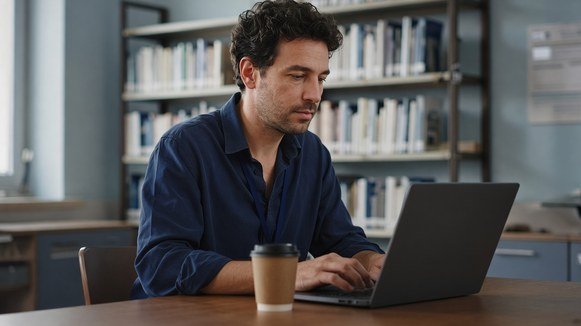 Doctor reading a medical journal on a laptop in a hospital library