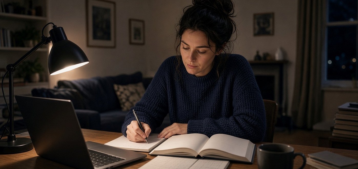 Doctor revising for a postgraduate exam at a desk at home