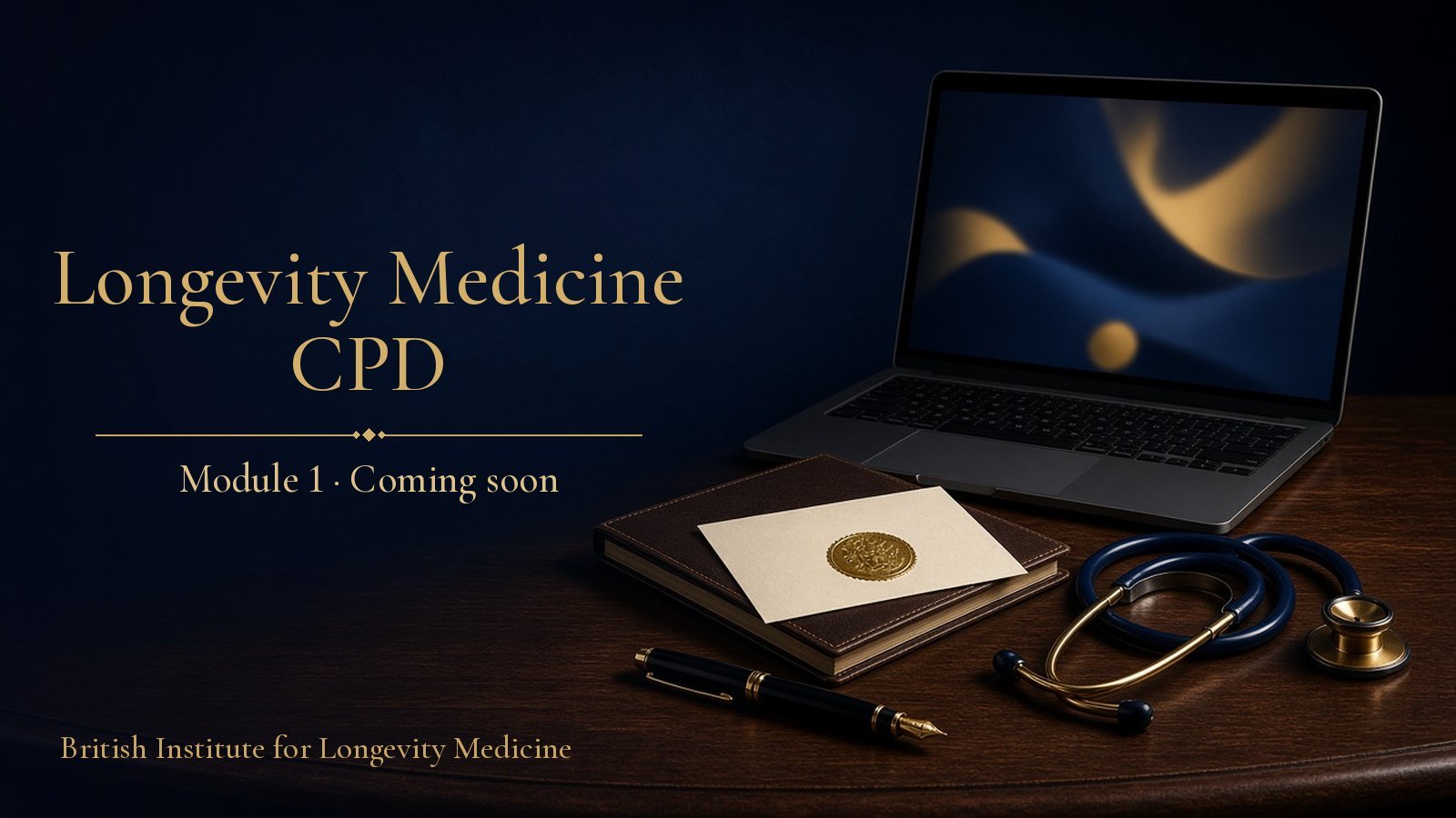 Notebook with a certificate, stethoscope, pen and laptop on a desk for longevity medicine CPD