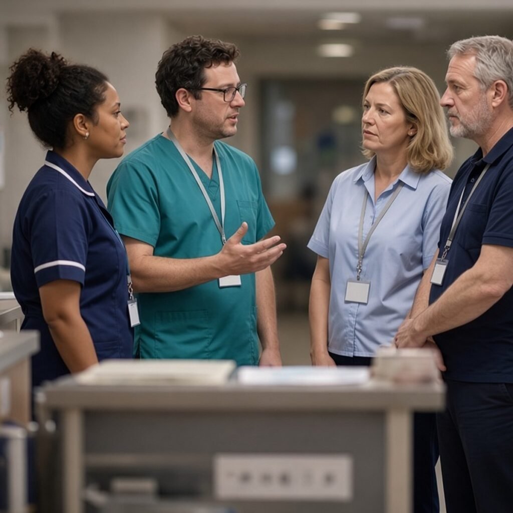 Multidisciplinary team huddle at an NHS ward nurses' station