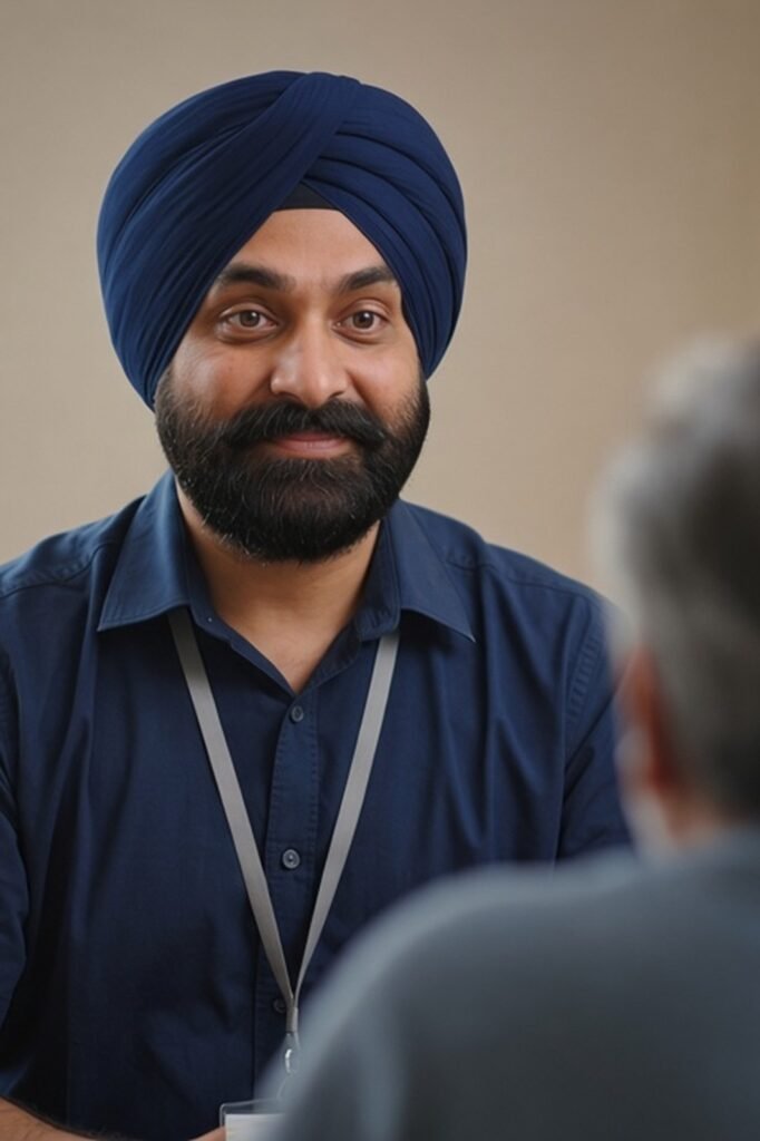 Sikh GP listening carefully to a patient during a consultation