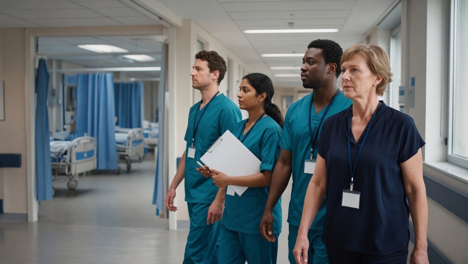 Consultant leading junior doctors on an NHS hospital ward round
